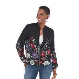 Chico's Black Floral Bomber Jacket